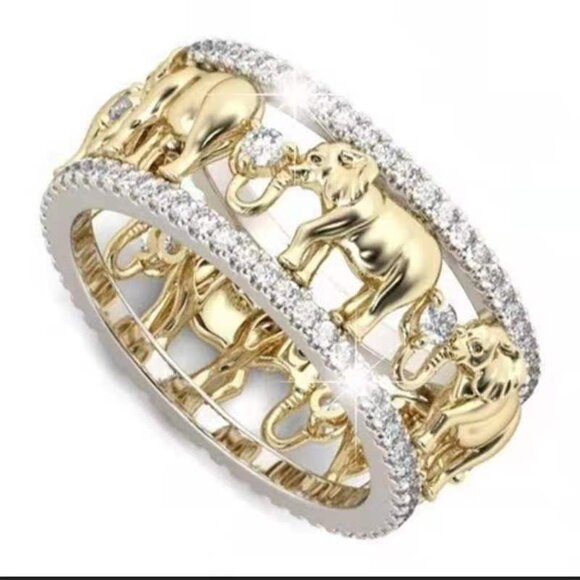 3/$35 Gold Plated Elephant Band Ring Two Tone Rhinestones Diamond Animal - Picture 3 of 5